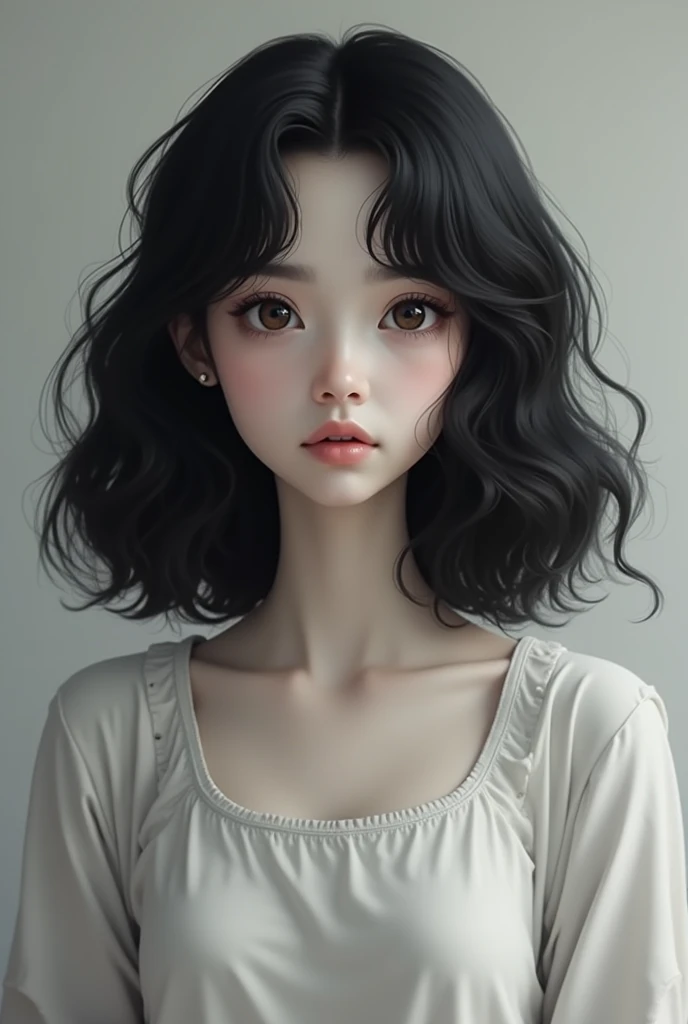 A lady with medium-length black curly hair , round face big eyes thick eyebrows flat nose normal mouth average body fat a serious attitude white skin a full body image