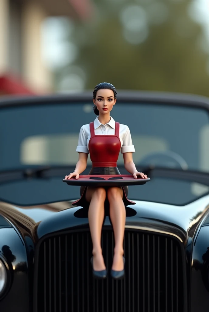 Waitress figure with black and red tray, sitting on the hood of a black car, I REPEAT, sitting not standing,
  for a logo

