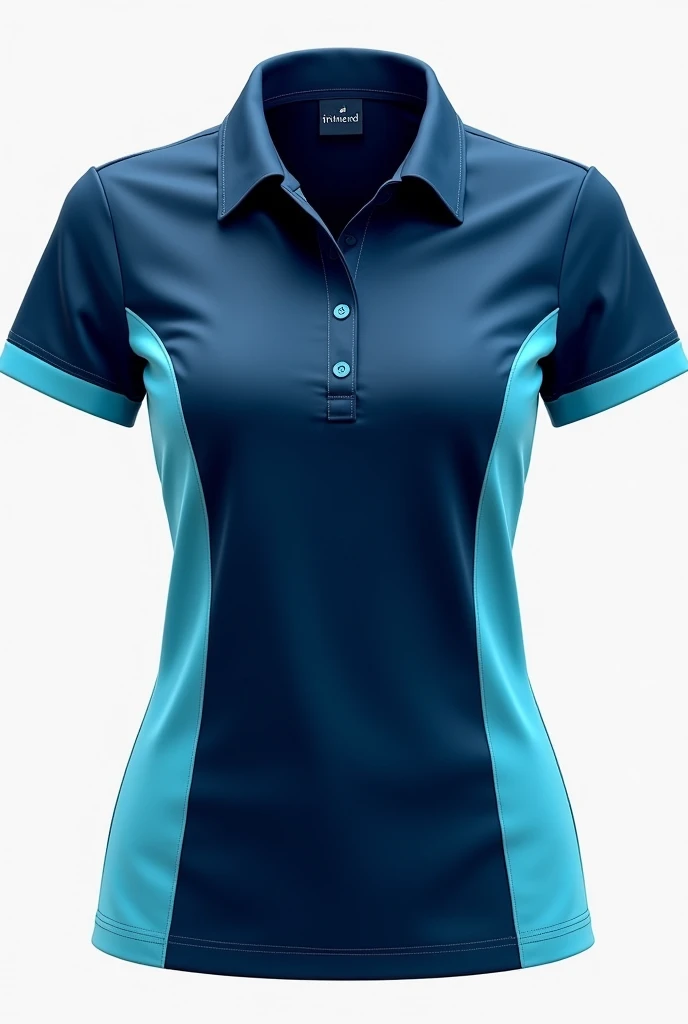 Create a feminine sports polo shirt with blue and light blue colors for a pharmacy