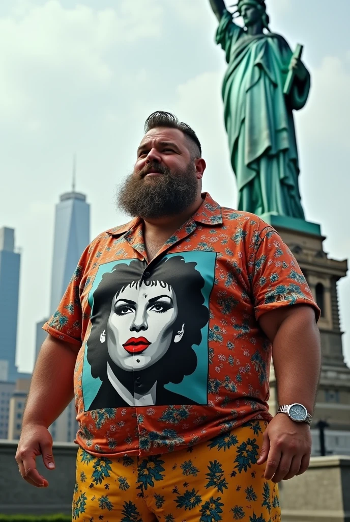 Overweight white man, 4. Bear Style, Barba. With a blouse with a drawing of a black Drag Queen. 80s style and 80s style pants in New York. In front of the Statue of Liberty. 