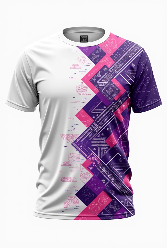 Plain t-shirt with greek and cubism style patterns in purple and neon colors on white background 
