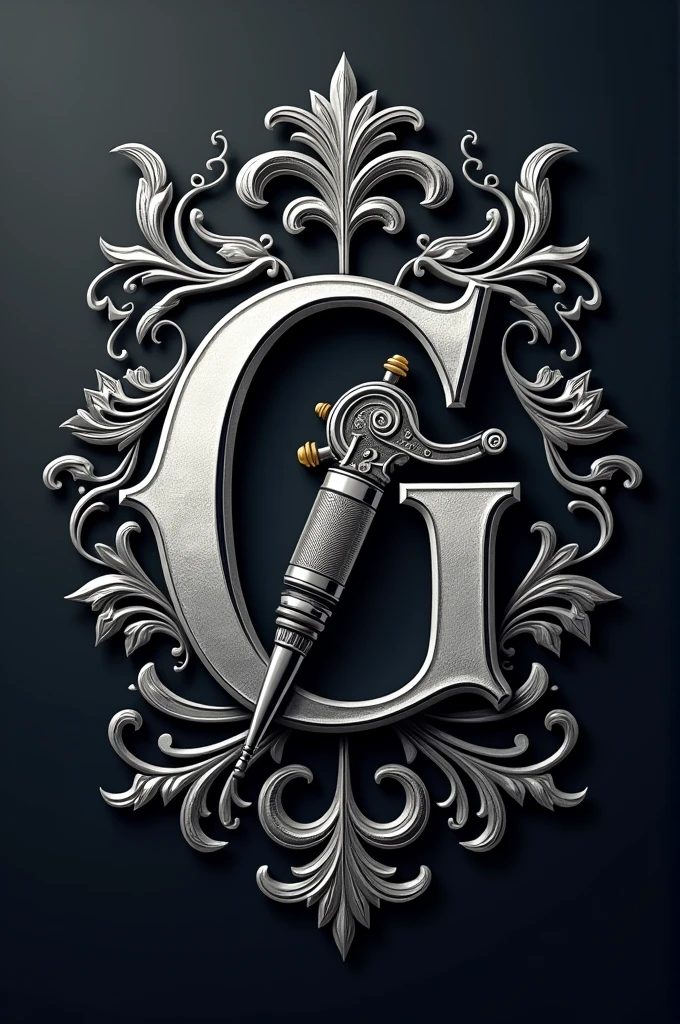 create a logo in silver color tattoo studio with the letter G with ornaments around it and a tattoo machine