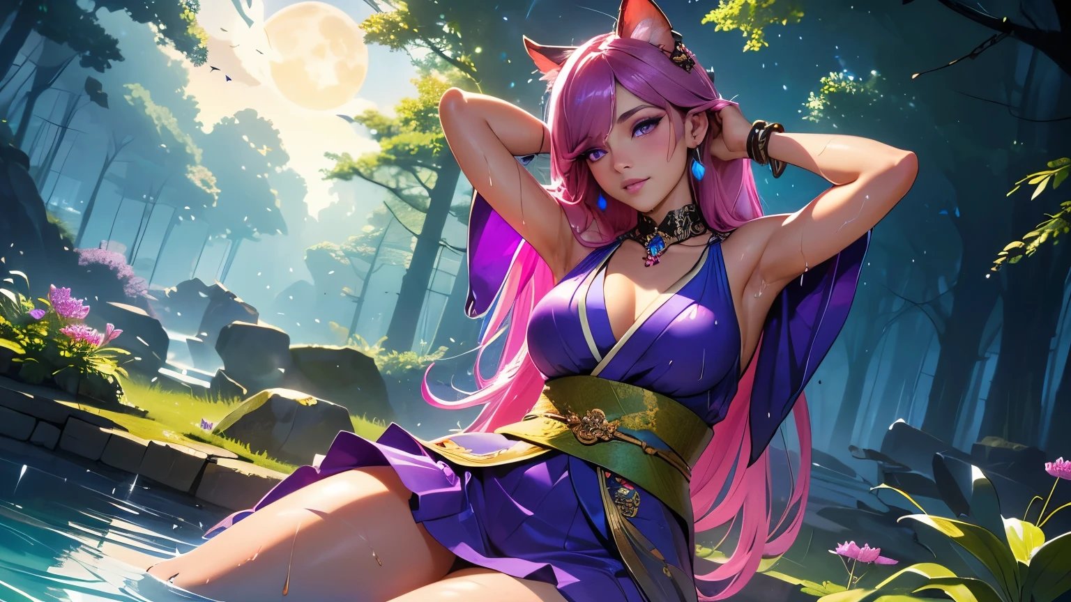 ((masterpiece)), Best Quality, Super detail, high definition television, Highly detailed 8K unified CG wallpaper, dramatic lighting, perfect anatomy, ,((((Angle elevation)))), cowboy shot, large background, Ahri /(League of Legends/), animated style, High-definition beauty face., (sharp eyes)!!, (Beautiful purple eyes like amethyst. :1.25)!!, A detailed eye, (homochromatic eyes)!!, perfect eyeshadow, Wink, hyper detailed eyes, Hyper-detailed eyebrows, Hyper-detailed eyelashes, detailed hand,(1 girl with an attractive striptease, all hands behind head), ((((all hands behind head)))), mocha hair bangs, (ultra bright pink hair)!!, very long hair, Detailed realistic hair, (dynamic compositions), bare shoulders, blush, Closed mouth, seductive smile, fresh lips, separate sleeves, earrings, nails, hair between the eyes, japanese clothes, Kimono clothing, detailed realistic clothing, jewelry, detailed jewelry, garter on the neck, collar, plump breasts, (chest neckline)!!, super seductive temptation, open skirt, thin legs, petticoat, Net legs, socks, smooth thighs neckline, garter thighs, ((armpit)), Erotic, Non-traditional Ahri, ((in shallow waters)), Beautiful butterflies fly, (((wet body))), shiny skin, fine grain leather, fine grain hair, (Butterflies flying around a girl), by the pond, (starry sky), forest, Pillar of light, water lily, Mosses, clean and crystal clear water, Moonlight, Brilliantine, (Midnight, Dark)