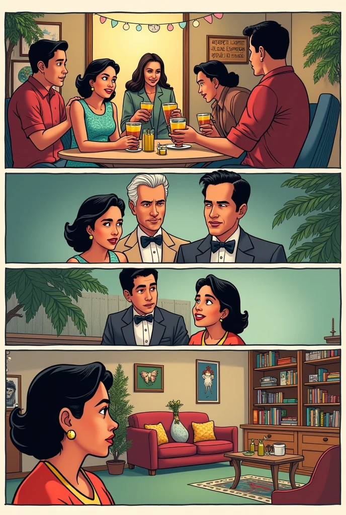 "Create a single comic book page divided into five distinct panels, each depicting a key moment in the history of the Isaque family. The style should be classic comic book with clean lines and vibrant colors, and the page should have a cohesive look that ties all the panels together."
Panel 1: The Grandparents' Meeting
Description: "Show a lively 1950s party scene with a vintage atmosphere. Illustrate a young couple (the grandparents) meeting and engaging in conversation, dressed in period-appropriate attire. Include festive elements like music, dancing, and decorations."
Panel 2: The Grandparents' Wedding
Description: "Depict a 1950s wedding ceremony with the grandparent couple in elegant wedding attire. Surround them with smiling friends and family. The setting can be a traditional church or a decorated venue, capturing the joy and elegance of the occasion."
Panel 3: The Formation of the New Family
Description: "Illustrate the older grandparents interacting with children (representing your parents as kids) in a cozy home environment. Include period-appropriate furniture and decor. Show a warm, family-oriented scene with the grandparents and children enjoying their time together."
Panel 4: The Growth of the Family
Description: "Show your parents as adults in a family setting. Include a home environment with a garden or backyard. Depict a young Isaque (yourself) interacting with your parents. The scene should reflect a joyful and domestic atmosphere, highlighting family life."
Panel 5: The Present and the Future
Description: "Create a scene with Isaque (you) looking at a family photo album with pride and connection. Place this in a cozy room filled with family photos and memorabilia. Emphasize nostalgia and the continuity of family heritage."
Additional Instructions:
Style: Classic comic book with clean lines, dynamic expressions, and vibrant colors.
Layout: Arrange the panels in a clear sequence on a single page, ensuring each panel is distinct but visually