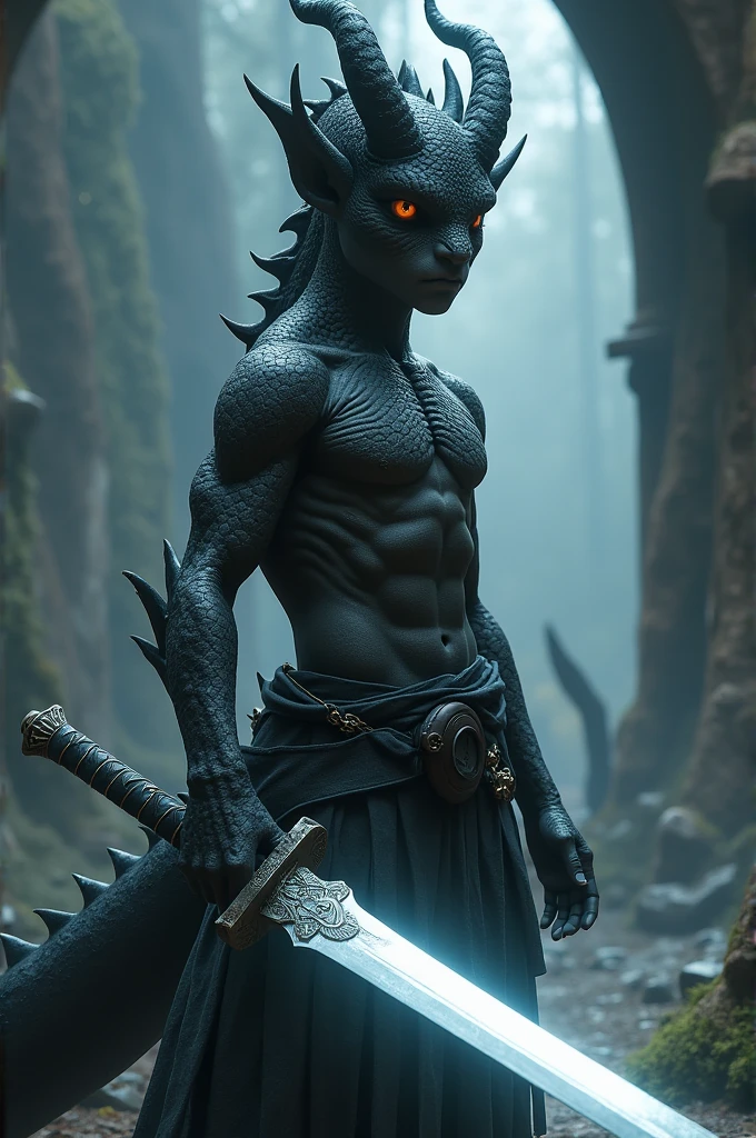 Dark-skinned boy with a human body and dragon characteristics With a white katana 
