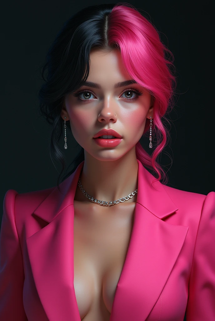 20 years old realistic girl with black and pink hair, wearing pink tuxedo and black background