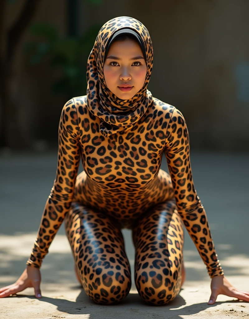 a beautiful and thin Asian and malaysian muslim adult girl with a shiny and beautiful face wears leopard print lycra turtleneck unitard catsuit covered with spots and always wear leopard print lycra dancewear hijab covered with spots.She is crawling！




