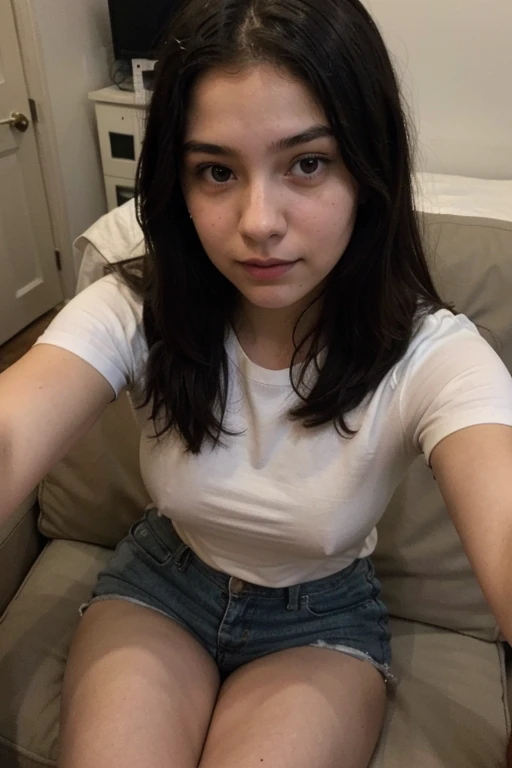 girl with straight black hair taking a selfie sitting with an angle from above