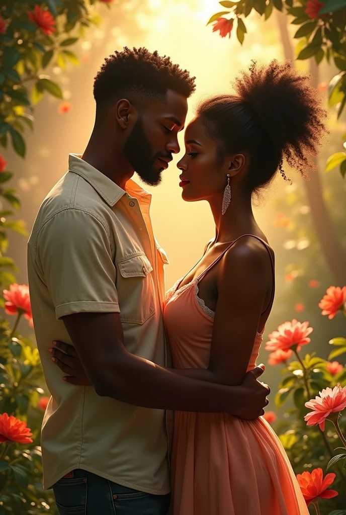 Jeune couple afro-haïtien dans un hardin d eden Habits décontracté, Classe. Regard complice, Cadre lumineux, idyllique, sensuel, captivant pour les amoureux
