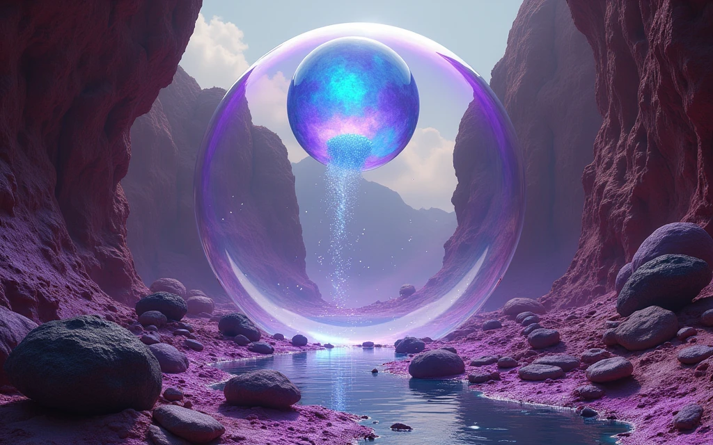 the viewer is in a rift, there is a dome top growing up above the rift, there are veiny dark bubbles growing in a rift between two martian land masses, the bubble is a plant exterior and anchored itself to rift walls, and climbing higher, astronauts are witnessing it for the first time, ethereal bubbles, foamy bubbles, soap like plant bubbles, air bubbles, water bubble, magic bubble barrier, bubbles rising, huge bubbles, liquid sculpture, magic bubble barrier, bubbles rising, huge bubbles, bubbly closed cell foam and froth at the outside base of the bubble, the main structure can be seen from satellite pictures, viewer and astronauts are inside a terraformed alien super bubble. the biological membrane of the bubble surface is reminiscent of botanotech from series raised by wolves, cybernetic plant membrane,,, (there are smaller hemispheres at the base of a lager one), there is a veiny dark membrane growing in a rift between two martian land masses, the membrane is air tight and anchored itself to rift walls, and climbing higher, ethereal rainbow membrane, iridescent soapy membrane, ethereal membrane, membrane, foamy membrane, soap membrane, membrane air bubbles, water bubble, magic membrane barrier, bubbles rising, huge membrane, liquid sculpture, magic membrane barrier, membrane rising, huge membrane, membrane closed cell foam and froth at the base of the bubble, the main structure can be seen from satellite pictures, viewer and astronauts are inside a terraformed alien membrane, purple and blue glass are lined up on a rift valley and rift shelves, light caustics, purple bioluminescence, glowing liquid, glowing, glowing purple, caustics reflections, purple and blue neon RED, glowing threads of drop, ethereal bubbles,
