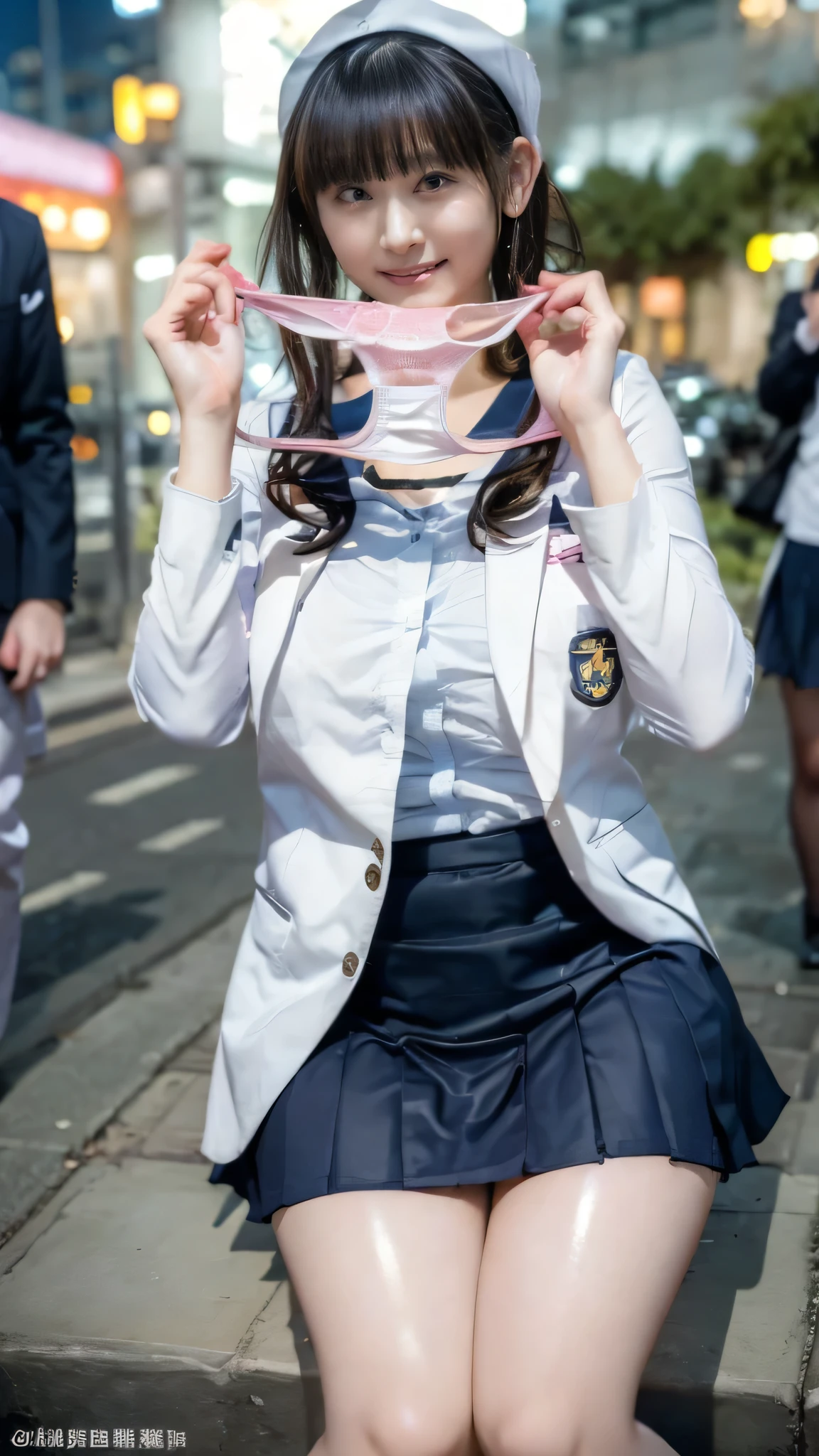 Highest quality, masterpiece, Ultra-high resolution, (reality: 1.4), Original photo, 1 female, mature, smile, short hair, Plump body, , Cinema Lighting, Exact finger count、Exact number of legs、(Exact number of arms:1.0, Exact number of hands:1.0), (Perfect hands, Perfect Anatomy), Cinematic, reality的, Highly detailed CG, night lighting, Perfect lighting, Best Shadow, The best natural light, smile, ((Woman showing off her panties:1.3)), (school uniform, Sailor suit, Knee-high socks, loafers, Navy pleated mini skirt:1.3), (Sexy and cute panties), (Stylish shiny satin pink panties:1.2), Side tie panties, Lace panties:1, Feeling embarrassed, (blush:1.2), (Embarrassed expression:1.4), (On the streets of the entertainment district at night:1.3), Angle from the front