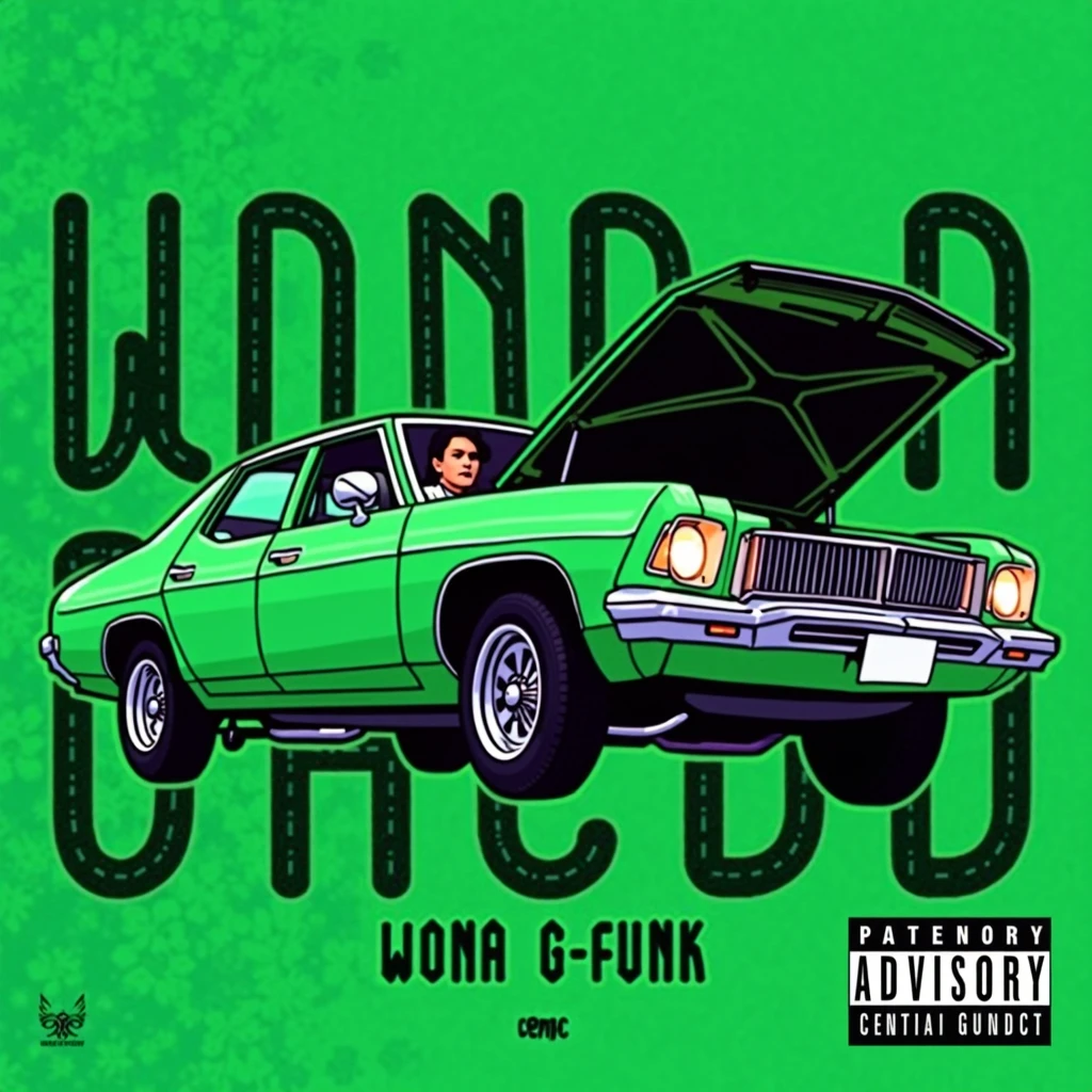 G-FUNK Hip Hop Album Cover, Green Background, Green Car, WONA G FUNK. Let an Asian teen with a deep ball cap come out