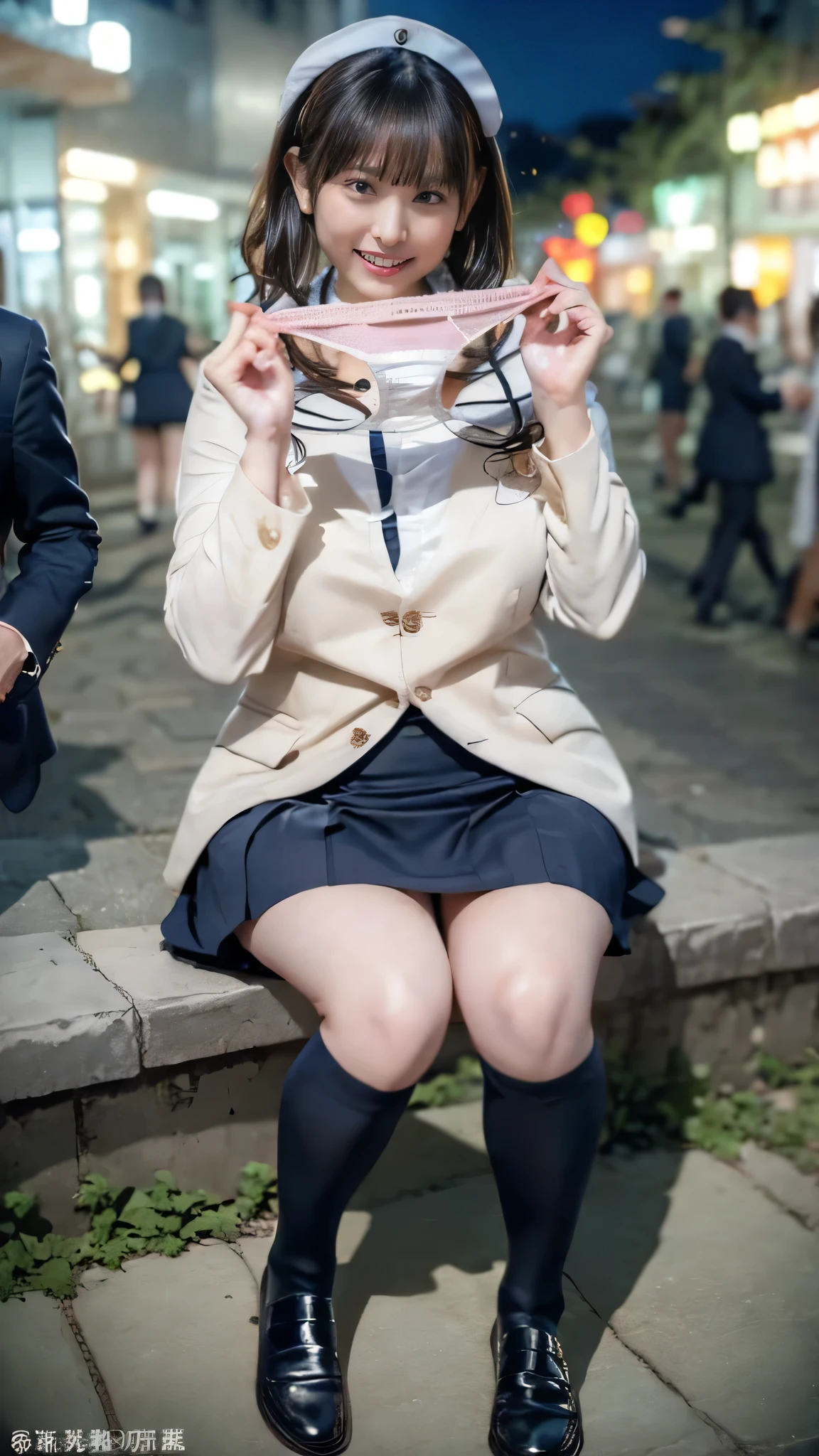 Highest quality, masterpiece, Ultra-high resolution, (reality: 1.4), Original photo, 1 female, mature, smile, short hair, Plump body, , Cinema Lighting, Exact finger count、Exact number of legs、(Exact number of arms:1.0, Exact number of hands:1.0), (Perfect hands, Perfect Anatomy), Cinematic, reality的, Highly detailed CG, night lighting, Perfect lighting, Best Shadow, The best natural light, smile, ((Woman showing off her panties:1.3)), (school uniform, Sailor suit, Knee-high socks, loafers, Navy pleated mini skirt:1.3), (Sexy and cute panties), (Stylish shiny satin pink panties:1.2), Side tie panties, Lace panties:1, Feeling embarrassed, (blush:1.2), (Embarrassed expression:1.4), (On the streets of the entertainment district at night:1.3), Angle from the front