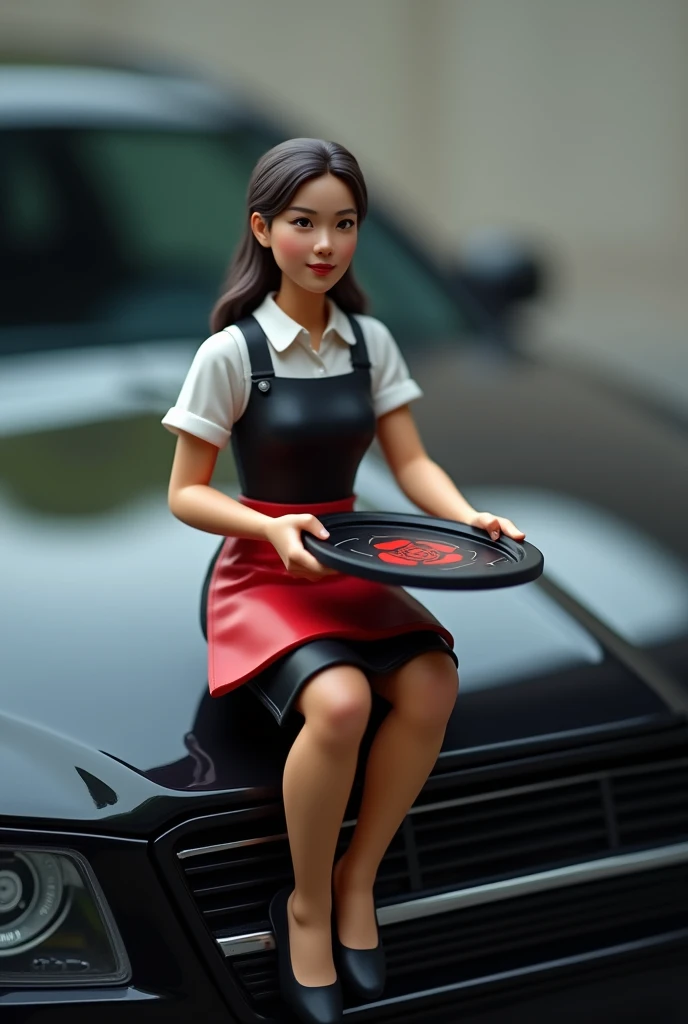 Waitress figure with black and red tray, sitting on the hood of a black car, I REPEAT, sitting not standing,
for a logo