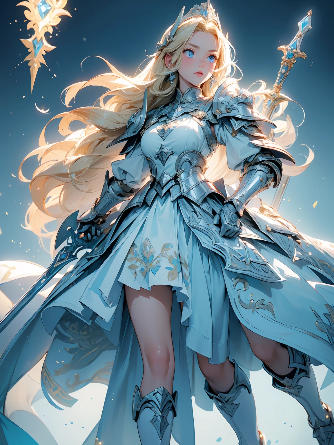 (((masterpiece, best quality, high detailed, 16k))) (1girl) A noble knight with flowing blonde hair and bright blue eyes, clad in shining silver armor adorned with royal blue accents. She carries a large shield emblazoned with a regal lion and wields a longsword that glows with holy light. Her stance is strong and unyielding, exuding an aura of protection and valor. ((full body view))