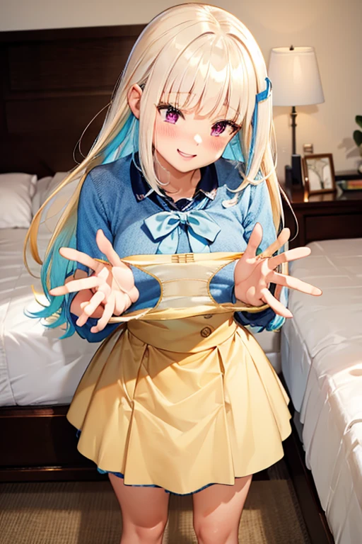 Highest quality, Yellow stained panties,presentingpanties,panties, holding,holding panties,Bedroom,Blushing, smile, 