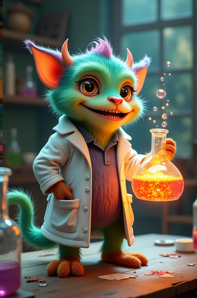 Create a little monster with a lab coat and a beaker in your hand