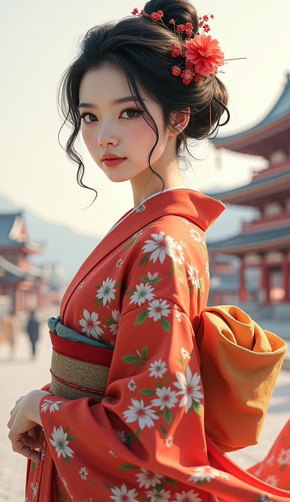 A beautiful young woman wearing brightly colored Japanese clothing、A charming expression、Japanese clothing with red floral pattern on a white background、SeaArt creates beautiful women in kimono、Full Body Shot、background、Shrines and temples、Ukiyo-e style Japanese painting、