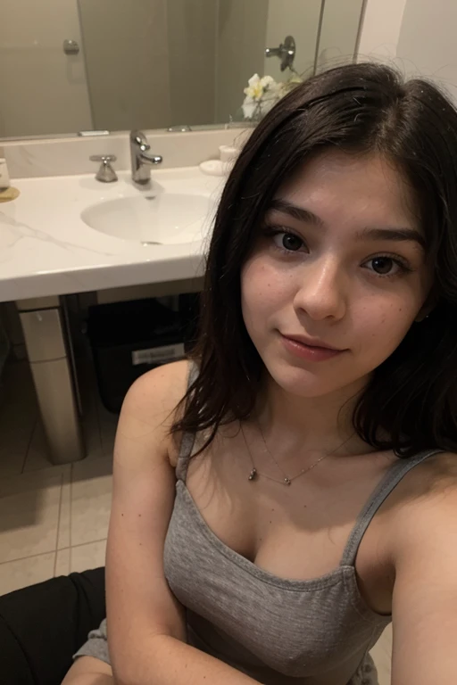 girl with straight black hair taking a selfie sitting with an angle from above
