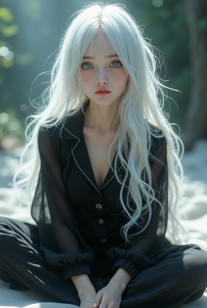 A beautiful girl wears black pajamas, her body is white, and her features are small and cute. She has a wonderful and , her skin is milky, her hair is long and white, and her eyes are attractive and blue.