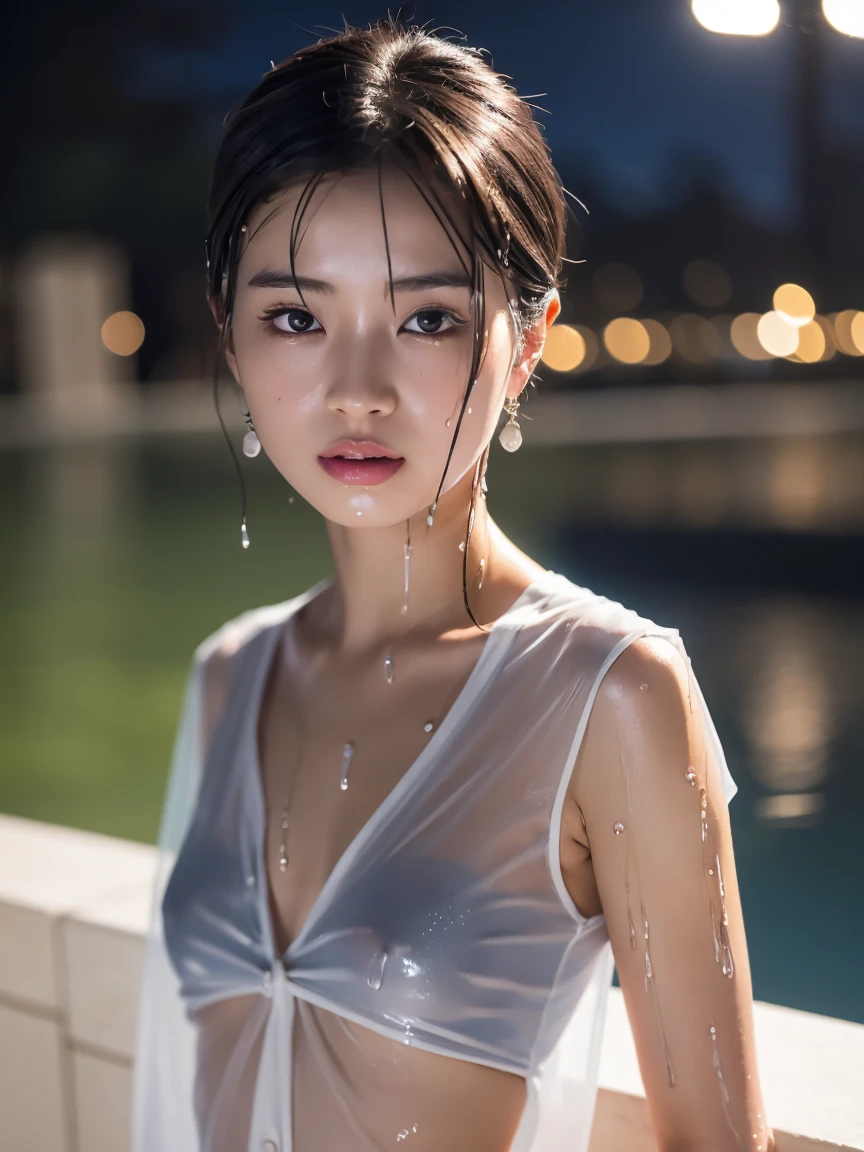 masterpiece:1.2, Very detailed, Ultra-high resolution, Realistic, photo Realistic:1.6, High-resolution RAW color photos, Professional photos, Sharp focus:1.2, Very detailed顔と肌の質感, Very beautiful eyes, Glossのある肌, Glowing Skin, Glowing Skin, Shining Face, Gloss, Oily skin, greasy face, Oily skin, greasy face,, real Glossのある肌 texture, Perfect Anatomy, Very detailed背景,(Office at night),1 female,25-year-old woman, Japanese women,height: 168cm,short hair, Straight hair, bangs, Brown Hair,((Flat Chest:1.6)),Slender legs, (Sheer sleeveless shirt),(A wet, see-through shirt:1.5,Open shirt:1.6),Earrings、