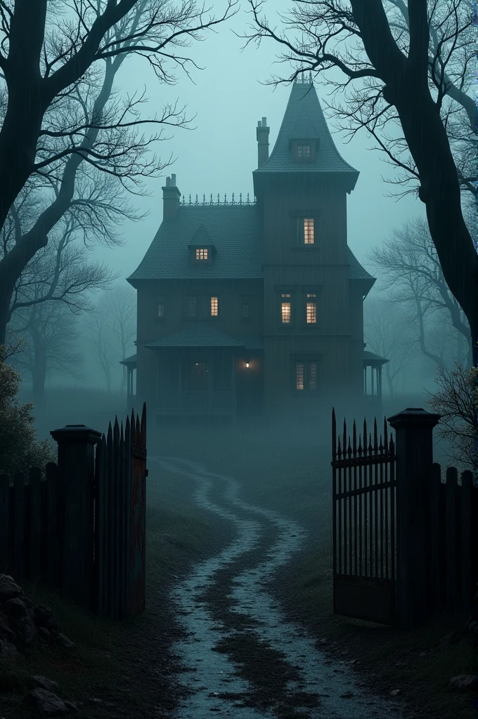 Create a realistic image of a house in the dark and foggy forest on a rainy night just like a house in a horror movie 4ķ image quality for facebook or tiktok reels