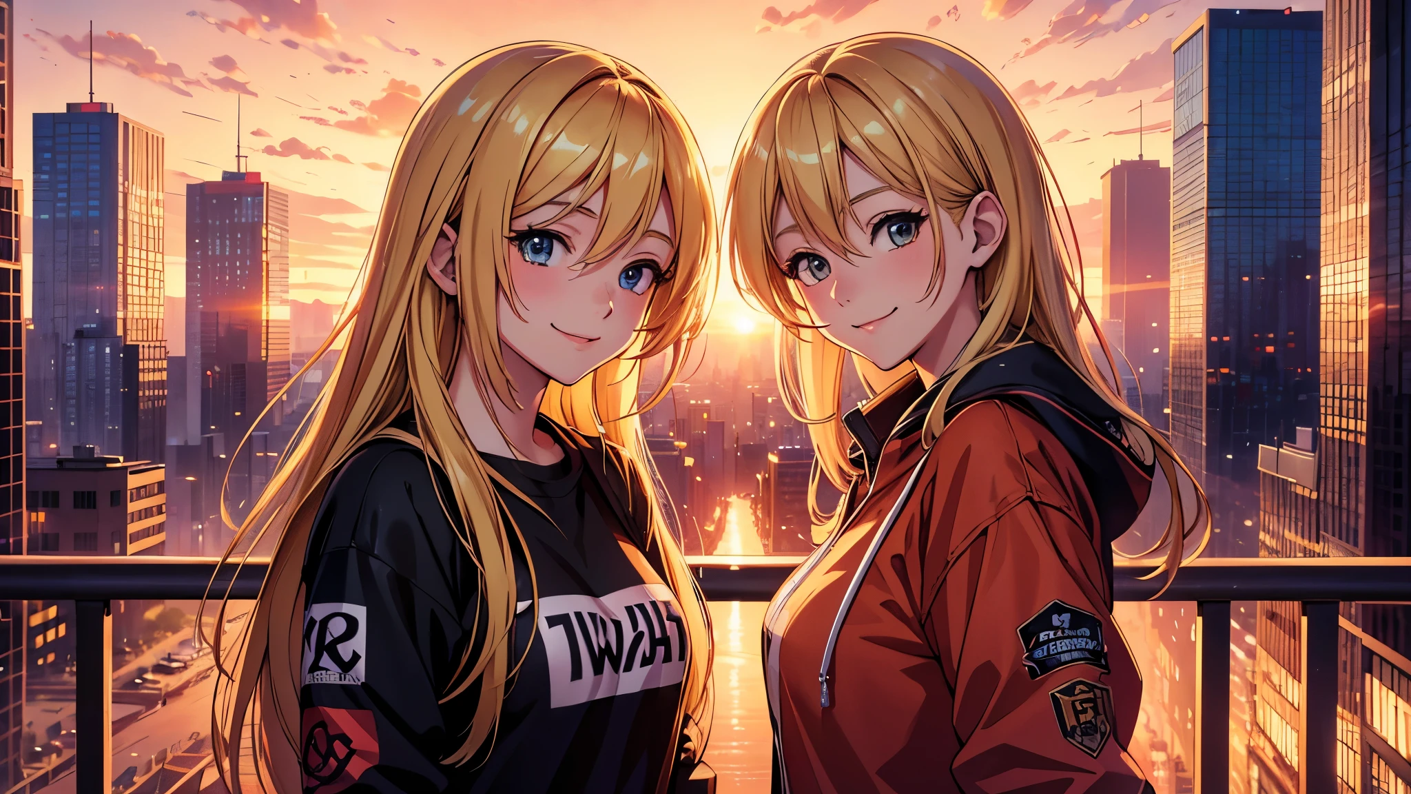 painterly anime artwork, Two twin blonde smiling girls around 18years old hugging in a high detailed sunset big city,(((wearing urban clothes))), fine details, breathtaking artwork, painterly art style, high quality, 8k, very detailed, high resolution, exquisite composition and lighting