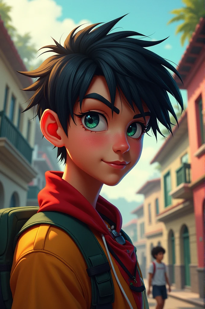 Ah, he&#39;s a 15-year-old male character from Mexico Academy with black hair with red tips and blue and green eyes.