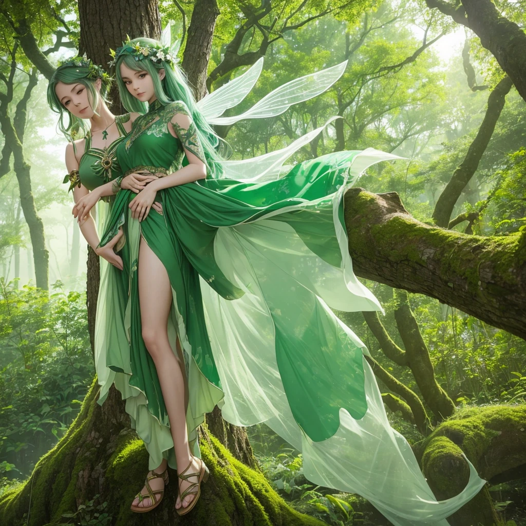 "A Leaf Fairy, a mystical creature connected deeply with nature and the wind. She has flowing green hair, delicate wings resembling leaves and flowers, and eyes that exude the vitality of nature. Though she appears to be in her early 20s, her true age is unknown, adding to her enigmatic aura. She is dressed in modest, plant-based clothing that emphasizes her close bond with the earth. Her expression is always gentle and calm, with a motherly smile that radiates warmth and serenity. New Leaf Fairies emerge from the ancient trees and fertile ground within lush forests, continuing the cycle of life in harmony with the natural world."