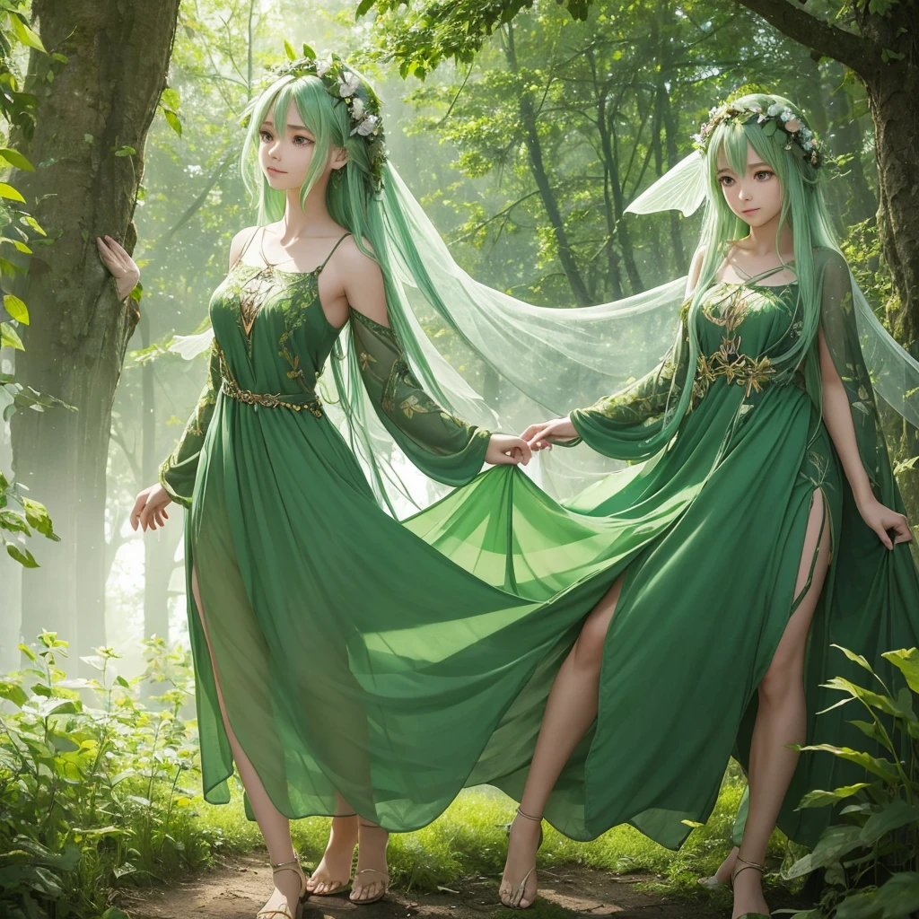 "A Leaf Fairy, a mystical creature connected deeply with nature and the wind. She has flowing green hair, delicate wings resembling leaves and flowers, and eyes that exude the vitality of nature. Though she appears to be in her early 20s, her true age is unknown, adding to her enigmatic aura. She is dressed in modest, plant-based clothing that emphasizes her close bond with the earth. Her expression is always gentle and calm, with a motherly smile that radiates warmth and serenity. New Leaf Fairies emerge from the ancient trees and fertile ground within lush forests, continuing the cycle of life in harmony with the natural world."