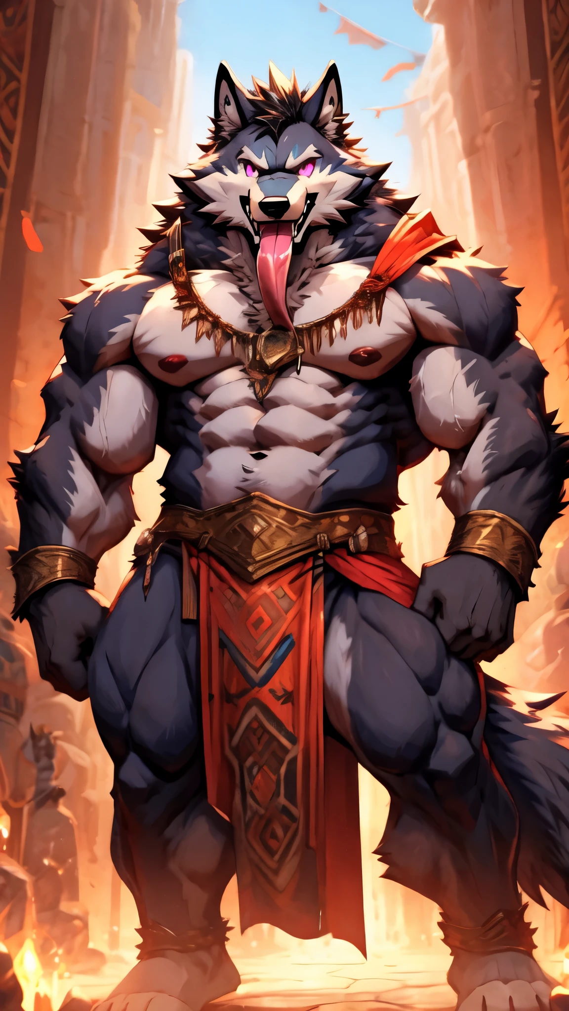 tall sexy thickly muscled anthro wolf lean conan the barbarian type werewolf big pink eyes long tongue sheath balls toothy smile drool bazaar market big atlantean sword, loincloth