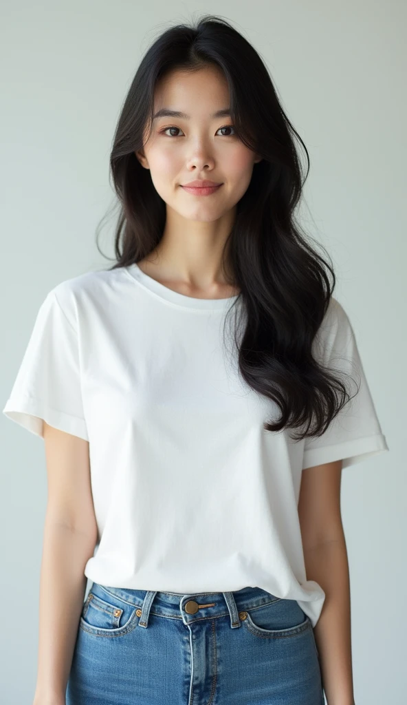 Very beautiful Japanese women, One woman, clear, White T-shirt, jeans