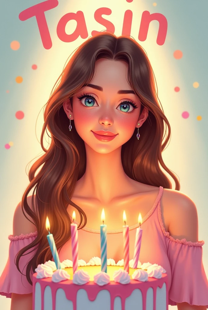 Cute pretty girl happy birthday Infront of cake. background text her name TASIN