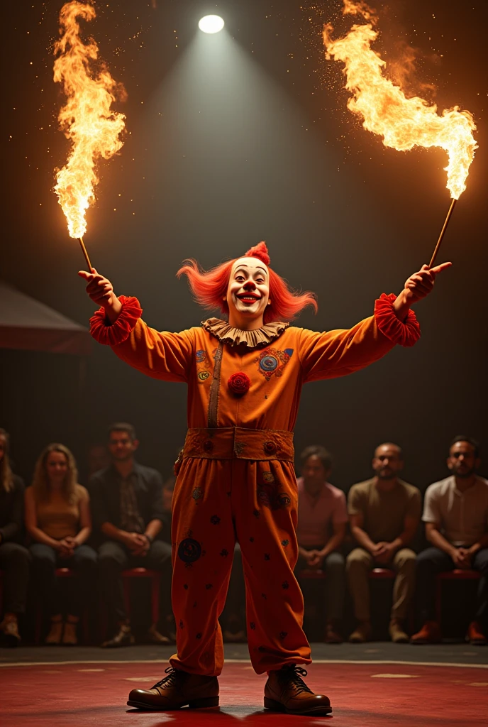 A clown juggling flaming torches