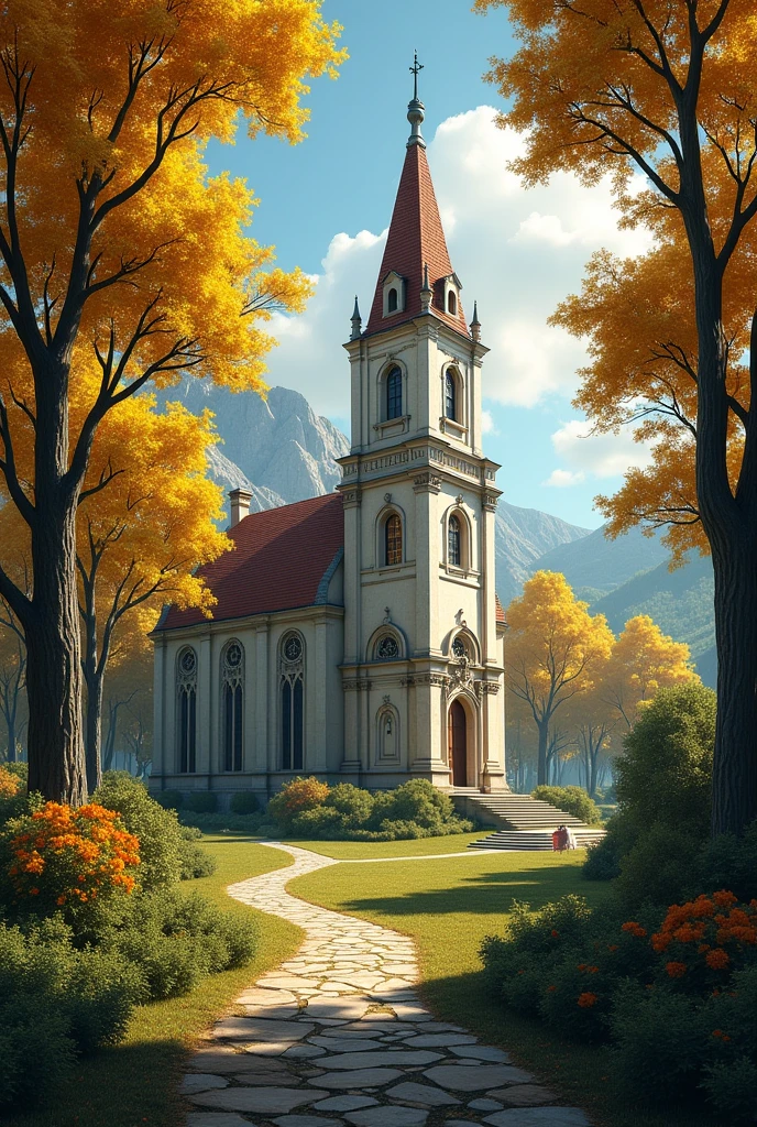 a landscape of a church in the middle and around a forest with lapacho trees and a stone path leading to the church