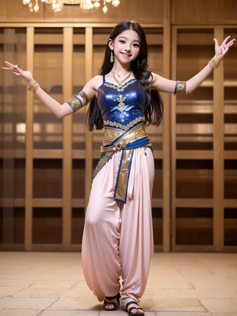 (Highest quality:1.5)、(masterpiece:1.5)、(8k:1.5)、((Elementary school student appearance:1.7))、(Flat Chest)、(arabic dancer costume:1.5)、Braid、Angle from below、smile、(The background is the hotel:1.7)、whole body、Hotel Bed