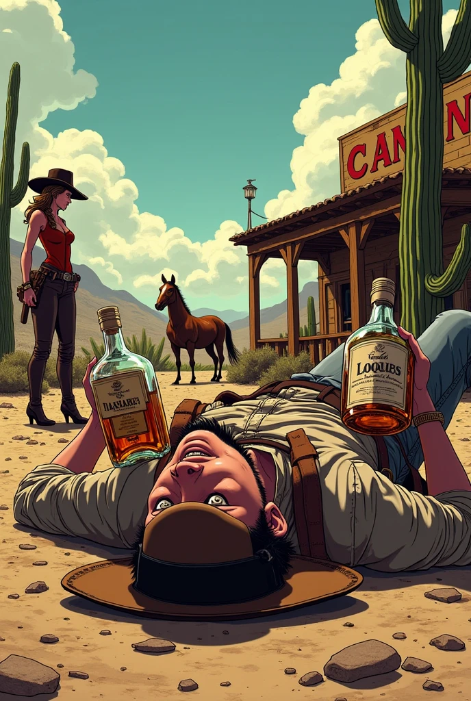 A drunk cowboy with two large bottles of liquor in his hands lying on a hyper-realistic comic wild west look, a cactus on the ground in the background, a cantina in the distance, a cowgirl woman helps him, next to a horse and an armadillo