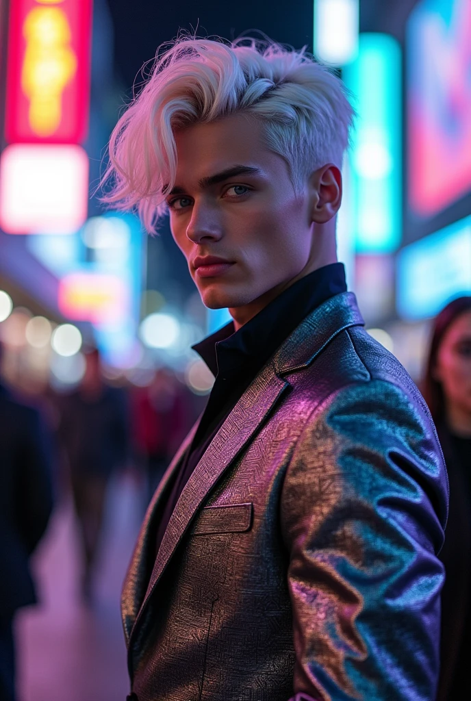 Certainly! Here’s the revised description with an elegant outfit for the young man that matches his striking beauty:
"In a striking cyberpunk metropolis, a vivid portrait captures the young man as a stunning bionic figure, confidently posing for the camera in a bustling future marketplace. He wears a sleek, tailored suit made of a shimmering metallic fabric that hugs his form elegantly, highlighting his powerful stature while showcasing intricately designed bionic enhancements—glowing circuitry visible beneath the fabric, pulsing rhythmically with the neon lights surrounding him.
His skin, fair and luminous, glows under the kaleidoscope of colorful holographic displays advertising futuristic products and services, creating an electrifying backdrop that enhances his presence. His hair, a cascade of silver locks, flows elegantly around his face, beautifully framing his chiseled features as he gazes directly into the lens, his synthetic eyes radiating confidence and allure, embodying both strength and sophistication.
The suit’s design features deep, intricate patterns of circuitry that resonate with the neon aesthetic, complemented by a high-collared jacket that adds an air of sophistication. The air is charged with the sounds of lively conversations and the whir of drones delivering goods, but in this moment, he commands the scene—a captivating figure amid the vibrant chaos. A digital projection of upcoming tech innovations glimmers beside him, showcasing art and messages of social change that resonate deeply with his powerful presence.
(Radiant neon lighting, deep contrasts, and sharp details), 160-color support, filmed on ARRI ALEXA 65, creating an immersive experience that feels both surreal and breathtakingly real. Shot by Don McCullin, this image connects his striking bionic features with the heart of a futuristic world, capturing a moment that’s as enchanting as it is transformative."
beauty, cyberpunk, bionic, futuristic, Spider-Man, model, elegance, urb