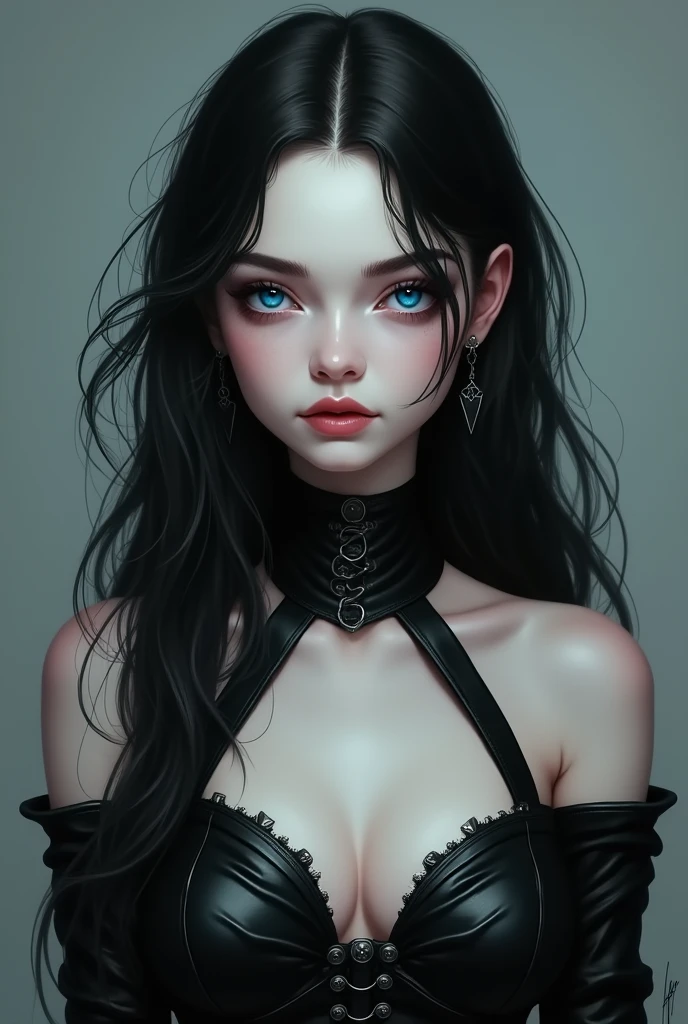 gothic ager, gothic black dress with leather, with black hair. giant neckline, 30 cm high. blue eyes. Pale, porcelain-white skin. big breasts and slim build. linda.