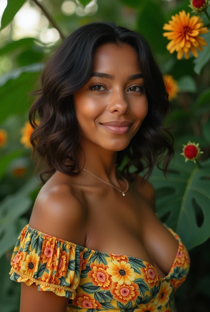A Brazilian woman in a lush tropical garden, wearing an open shirt with a floral print, with a close-up capturing the harmonious beauty between her breasts and the natural flowers, showing off your natural charm and outgoing personality.