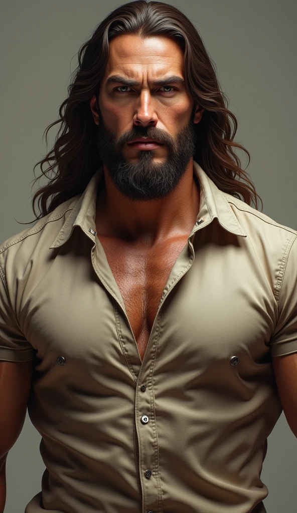 homme grand, muscle, wide shoulder, with a tanned complexion, cheveux brun, lisse, long, thick, front large, regard vif, yeux gris, nez d'iot, plump lips, Square-chinned, chemise 
