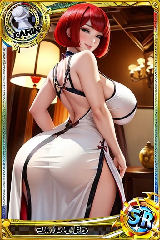 Trading card, Mature woman, china dress, sexy pose, big breasts, big ass, bob haircut, smile, redhead
