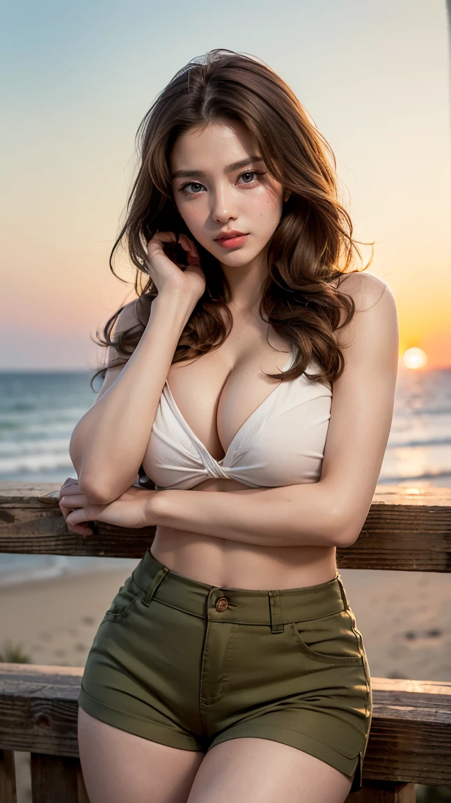 ((Highest quality, 8k, masterpiece :1.3)), (Sharp focus :1.2, Beautiful woman with perfect figure :1.4, Slim Abs), ((Big Breasts, Emphasize cleavage:1.3)), (Photorealistic:1.4), (realistic:1.4), (Long Hair, Light brown hair:1.5), Highly detailed face and skin texture, Fine grain, double eyelid. Makeup face, A little bit of lipstick, sex appeal, Sexy gravure pose, (Woman wearing khaki high waist shorts and white tube top rests her head in her hands on sunset beach、One leg forward pose。Sexy expression and healthy beautiful legs are attractive。:1.3))