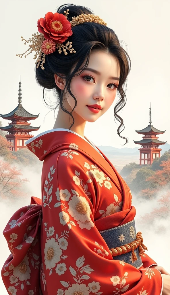 A beautiful young woman wearing brightly colored Japanese clothing、A charming expression、Japanese clothing with red floral pattern on a white background、SeaArt creates beautiful women in kimono、Full Body Shot、background、Shrines and temples、Something like a Japanese Ukiyo-e painting、