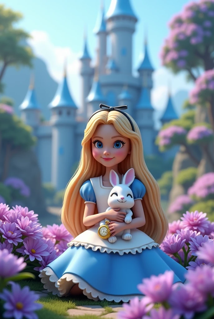 The image shows a cute, stylized version of Alice in Wonderland., with long blond hair and big blue eyes, wearing a blue and white dress and holding a white rabbit. She is sitting in front of a blue castle, which appears to be inspired by Cinderella&#39;s Castle, with purple flowers in the foreground. Alice holds a golden pocket watch in her hand, suggesting the passage of time and the events of the story. The image is very detailed and has a 3D style., with realistic textures and natural lighting. 
