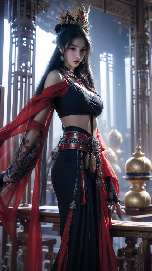 best quality,masterpiece,Ultra-high resolution,photoactual:4:0,God Cultivation World,dark clouds all over, tornado,Iron Fan Princess,long flowing hair,Handsome and handsome face,sharp eyes,Big breasts,thin waist,Charming and slender,Wearing a stunning red and black outfit,Holding banana leaf(Giant banana fan)