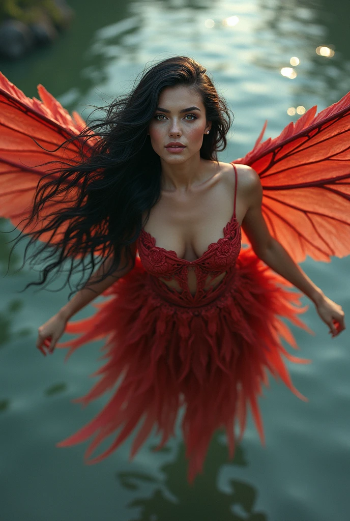 woman, long wavy black hair, fairy type, large open fairy wings, flying over a lake, red feather dress, looking at the camera, photorealistic
