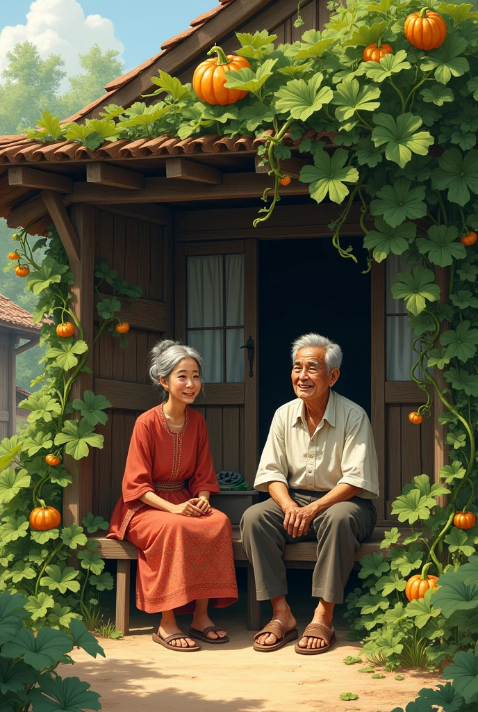 Labu vine. Village house couple