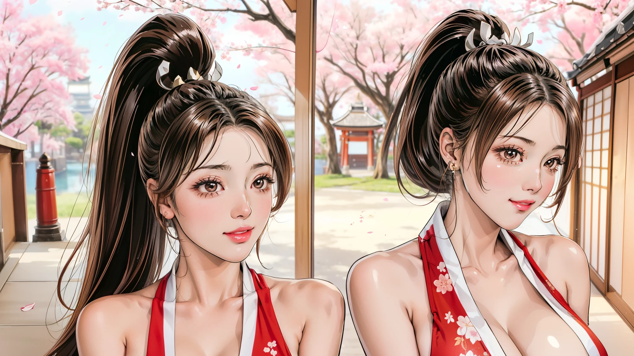 Japanese Beauty,Cherry Blossoms,Petals are just beginning to fall, In a park rich in nature、plant, (((Sexy姿势的杰作))), ((best quality)), ((complicated)), ((Surrealism)), Mature woman, Mature woman, , Very detailed, shape, mai Shiranui, ((Huge breasts)), Perfect hands, Finger details, beautiful eyes, ponytail,Brown eyes, (mai Shiranui suits:1.2), earrings, Long detailed background, Perfect eyes, Charming eyes, Looking at the audience, Rosy cheeks,Sexy,Cleavage,cute,Smile,beauty,Breast close-up,beauty的乳房,Osaka Castle,Japanese Shrines,Lots of hair,Exquisite facial features,charming