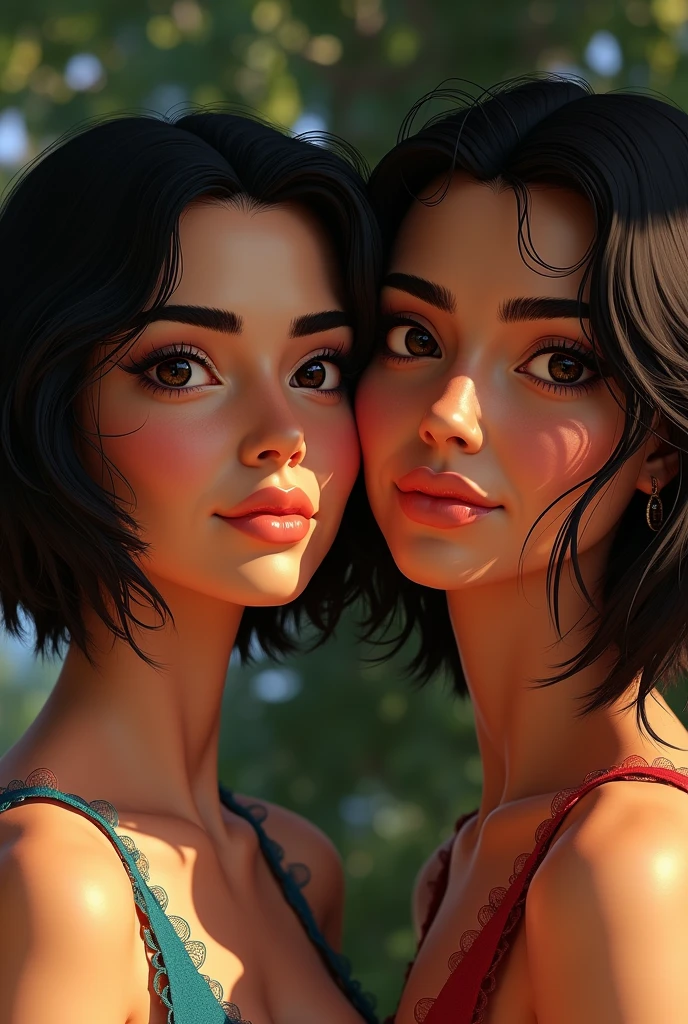 Samarian woman with short black hair that falls to her shoulders, Korean fat features, next to a woman from Bogota with big eyebrows, long eyelashes, fat and with a bun in their hair that they look like humans